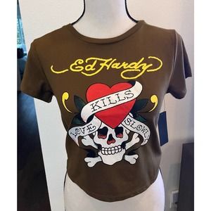 Ed Hardy Brown Skull Graphic Blouse